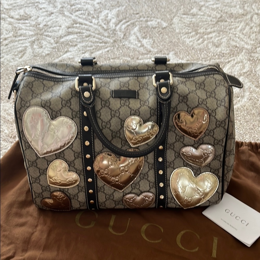 Gucci Gray and Black Satchel with Heart Appliqués